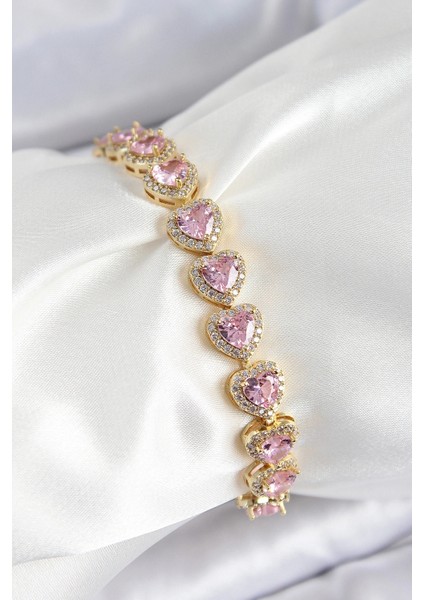 Pirinç Zirkon Taşlı Pembe Kalp Baget Model Gold Renk Vıp Seri Kadın Bileklik