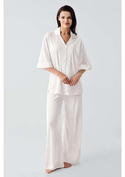 Truvakar Kol Düğmeli Saten Detaylı Esnek Viskoz Pijama Takım 17202