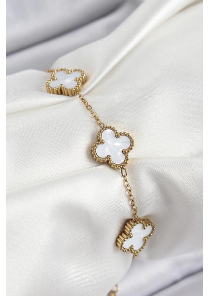 316L Çelik Beyaz Sedef Yonca Model Gold Renk Kadın Bileklik