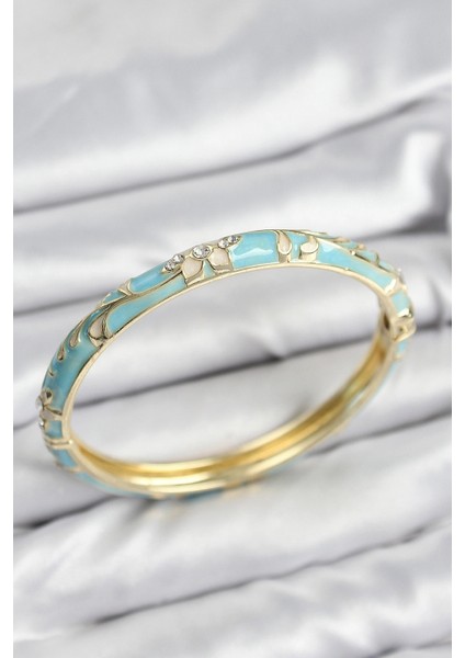 Mineli Pirinç Zirkon Taşlı Turkuaz Çiçek Motifli Gold Kadın Kelepçe