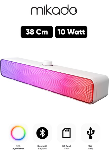 MD-SBT31 Beyaz 5W*2 1200MAH Bt,rgb,tf Card,type-C ,usb Soundbar Speaker
