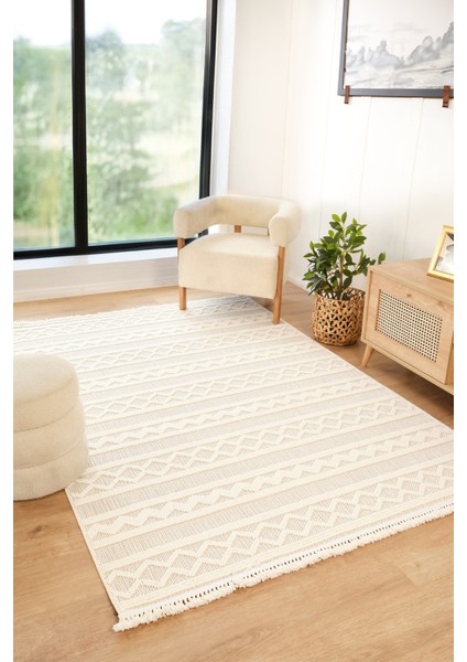 Stockholm %100 Polyester Yumuşak Dokulu Bukleli Dokuma Makina Halısı Oturma Odası Salon Mutfak Halısı Beyaz Yolluk