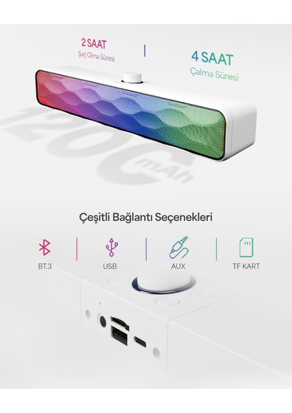 MD-SBT31 Beyaz 5W*2 1200MAH Bt,rgb,tf Card,type-C ,usb Soundbar Speaker