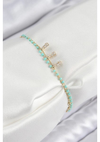 Pirinç Zirkon Taşlı Mavi Boncuklu Model Gold Renk Kadın Bileklik