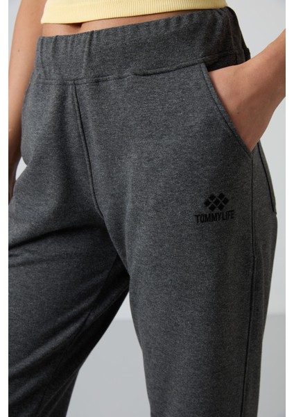 Antrasit Melanj Yüksek Bel Cepli Rahat Form Klasik Paça Kadın Eşofman Alt - 94185