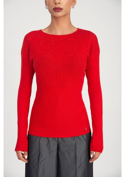 Kırmızı Yapıştırma Taş Detaylı Triko Bluz 28887 fiyatları