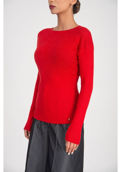 Kırmızı Yapıştırma Taş Detaylı Triko Bluz 28887 modelleri