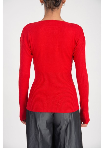 Kırmızı Yapıştırma Taş Detaylı Triko Bluz 28887 fırsatları