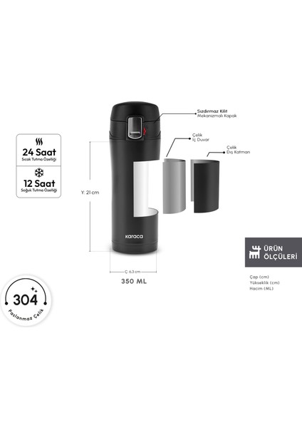 Pluton Çelik Sızdırmaz Termos 350 ml Siyah modelleri