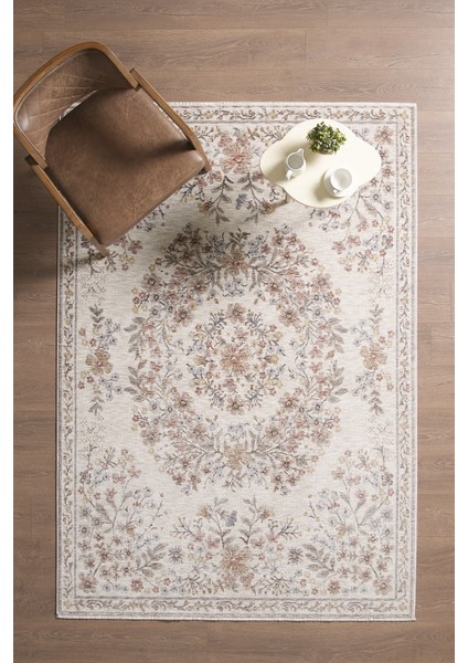 Frezia Floral Bambu Polyester Oturma Odası Salon Mutfak Halısı Eskitme Çiçekli Vintage Halı