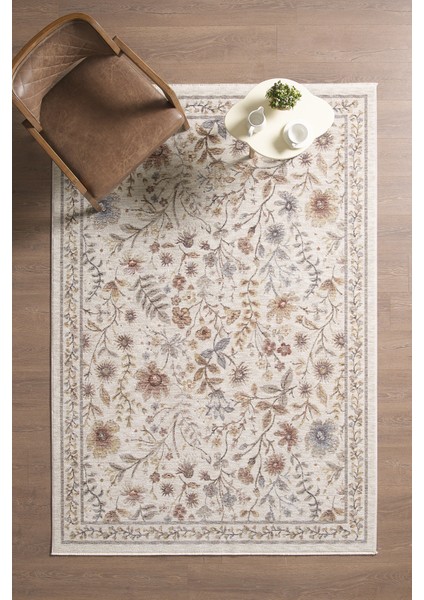 Frezia Floral Bambu Polyester Oturma Odası Salon Mutfak Halısı Eskitme Çiçekli Vintage Halı