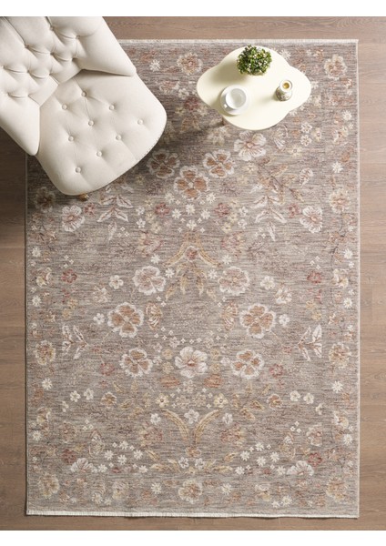 Frezia Floral Bambu Polyester Oturma Odası Salon Mutfak Halısı Eskitme Çiçekli Vintage Halı