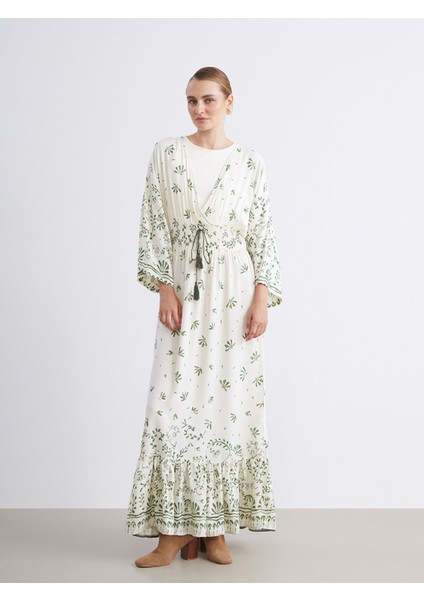 Yeni Sezon Kruvaze Yaka Çiçekli Büzgülü Elbise