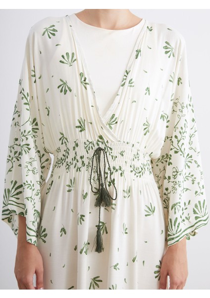 Yeni Sezon Kruvaze Yaka Çiçekli Büzgülü Elbise modelleri