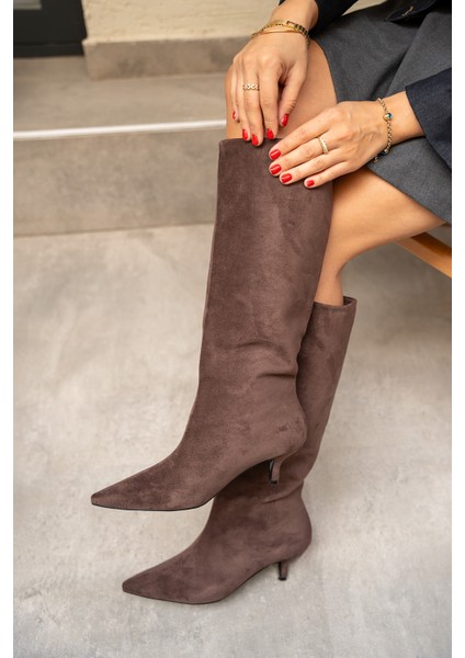 Polka Acı Kahve Sivri Burun Düz Çizme modelleri