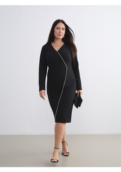 Yeni Sezon Büyük Beden V Yaka Krep Elbise