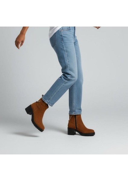 Süet Hakiki Deri Gold Zincir Detaylı Kadın Kalın Topuklu Bot