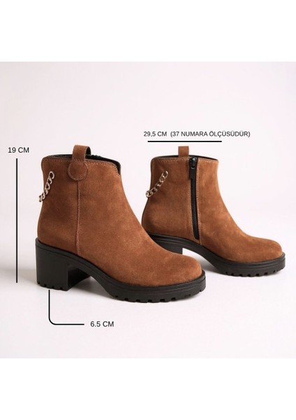 Süet Hakiki Deri Gold Zincir Detaylı Kadın Kalın Topuklu Bot