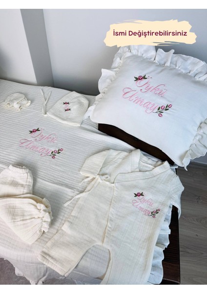 Isme Özel Nakış Işlemeli %100 Pamuk Müslin Hastane Çıkış Seti Takı Yastığı ve Puset Örtüsü