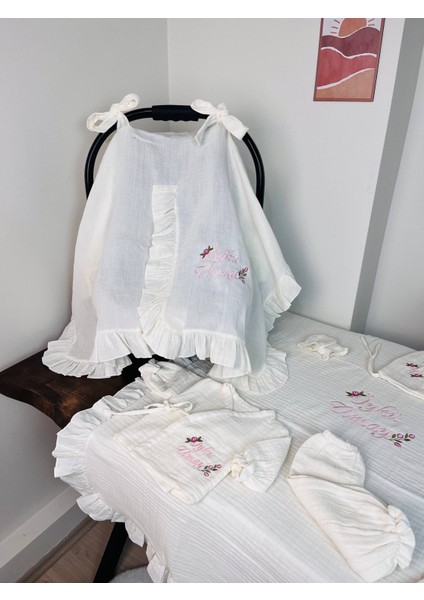 Isme Özel Nakış Işlemeli %100 Pamuk Müslin Hastane Çıkış Seti Takı Yastığı ve Puset Örtüsü fırsatları