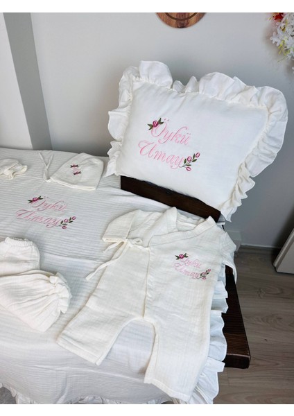 Isme Özel Nakış Işlemeli %100 Pamuk Müslin Hastane Çıkış Seti Takı Yastığı ve Puset Örtüsü indirimleri