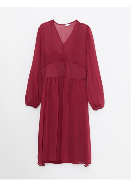 Yeni Sezon V Yaka Düz Uzun Kollu Şifon Elbise