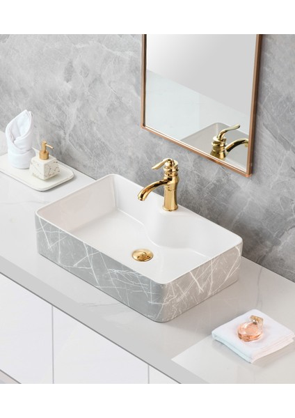 Mermer Desenli Delikli Lüx Çanak Lavabo