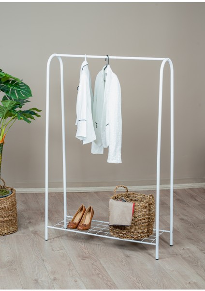 Elite1 Beyaz Metal Raflı Elbise Askısı Ayaklı Askılık Konfeksiyon Askılık