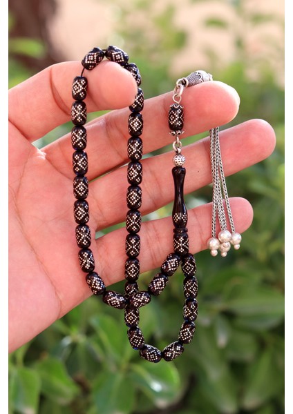 Koyu Bordo Gümüş Işlemeli Gümüş Püsküllü Ateş Kehribar Tesbih 201024756