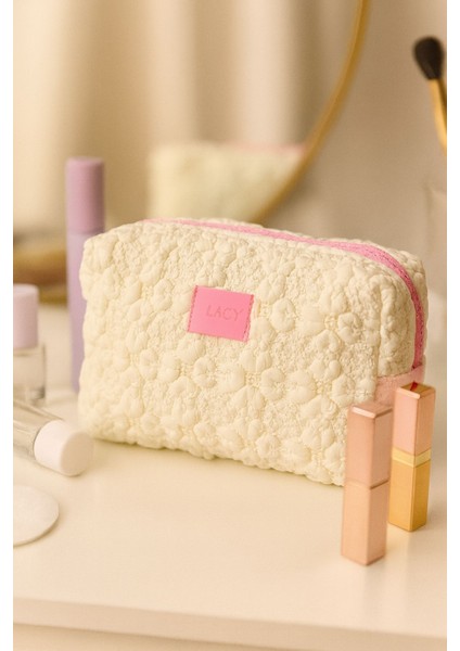 Ekru Renk Dikdörtgen Makyaj Çantası