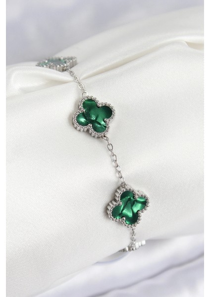 316L Çelik Sedefli Zümrüt Yeşil Gümüş Renk Yonca Kadın Bileklik