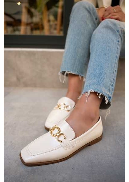 Biens Ekru Deri Düz Taban Gold Detaylı Ayakkabı modelleri