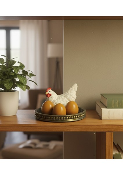 Dekoratif Tavuk ve Yumurtalar Tepsili Biblo Set - Bereket ve Bolluk Temalı Beyaz Tavuk Figürü fiyatları