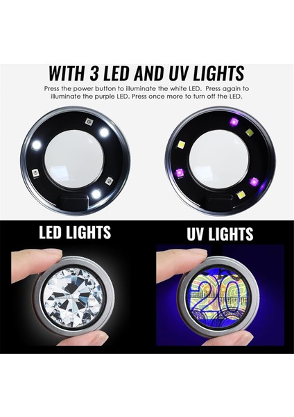 Taş Taşları, Madeni Paralar ve Elmas Için 10X LED Mücevher Loupe Şarj Edilebilir, 30 mm Ölçekli Lens Büyüteçli Cam ve Uv Işığı ile Büyüteç (Yurt Dışından) fiyatları