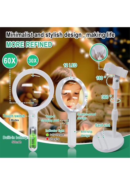 Işık ile Büyüteç, 30 x 60 Kat Şarj Edilebilir Büyük Lens, 12 LED 3 Mod Aydınlatma Büyüteç Yaşlılar Için, Okuma (Yurt Dışından) indirimleri