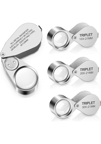 4pcs Aydınlatılmış Kuyumcular Loupe Büyüteç, 10X 20X 30X 40X Tam Metal Büyüteçler, Cep Katlanabilir Takı Döngüsü (Yurt Dışından)