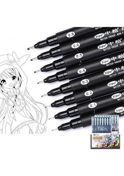 Sipa 8 Adet Siyah Ince Kalemler Mini Liner Fineliner Çizim Kalemleri (Yurt Dışından) modelleri
