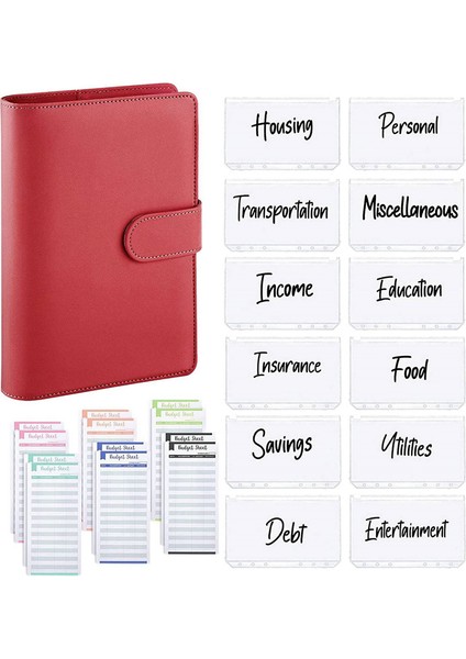 25 Adet A6 Pu Deri Bütçe Klasör Seti, Klasör Kapağı Planlayıcı Kırmızı (Yurt Dışından)