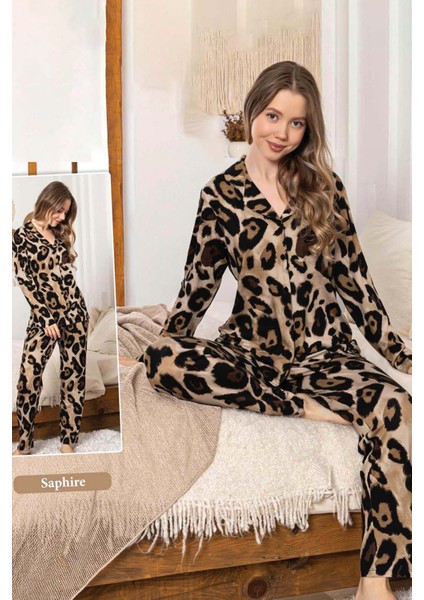 Kadın Leopar Desen Düğmeli Saphire Pijama Takımı 0333 Kahverengi