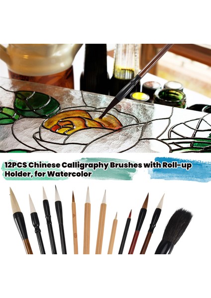 Suluboya Için Rulo Tutuculu 12 Adet Çin Kaligrafi Fırçası (Yurt Dışından) modelleri