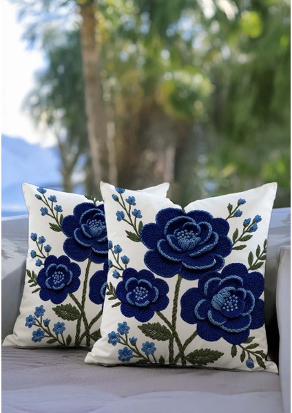 Lacivert Çiçek Desenli 3D Punch Görünümlü Dijital Baskılı 2’li Dekoratif Kırlent Kılıfı