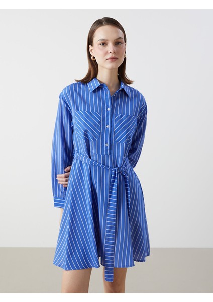 Yeni Sezon Gömlek Yaka Çizgili Poplin Elbise