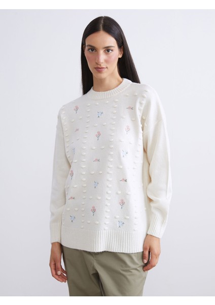 Yeni Sezon Bisiklet Yaka Çiçekli Kadın Triko Tunik