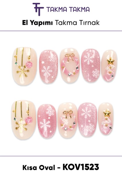10'lu Pembe Kısa Oval KOV1523 Tekrar Kullanılabilir El Yapımı Protez Takma Tırnak - Pembe-L
