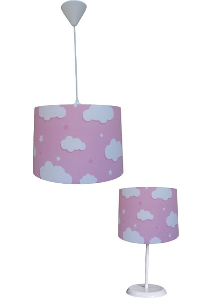Pembe Bulutlu 2.li Set M-479 Kumaş Kaplama Genç ve Çocuk Odası Avize ve Abajur Takımı