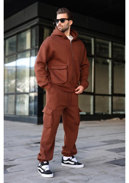 Acı Kahverengi Kapüşonlu Kargo Cepli Erkek Eşofman Takımı E7342