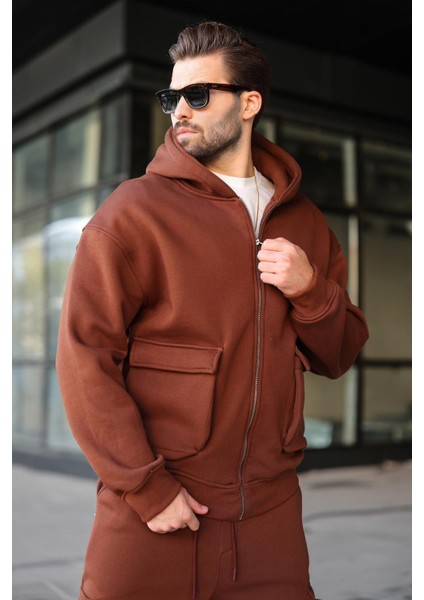 Acı Kahverengi Kapüşonlu Kargo Cepli Erkek Eşofman Takımı E7342 fiyatları