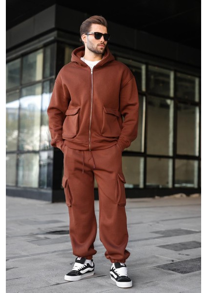 Acı Kahverengi Kapüşonlu Kargo Cepli Erkek Eşofman Takımı E7342 modelleri