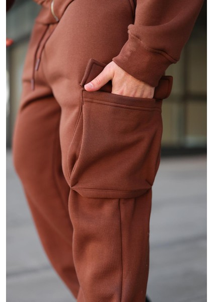 Acı Kahverengi Kapüşonlu Kargo Cepli Erkek Eşofman Takımı E7342 fırsatları