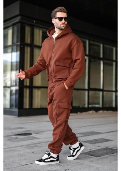 Acı Kahverengi Kapüşonlu Kargo Cepli Erkek Eşofman Takımı E7342 indirimleri